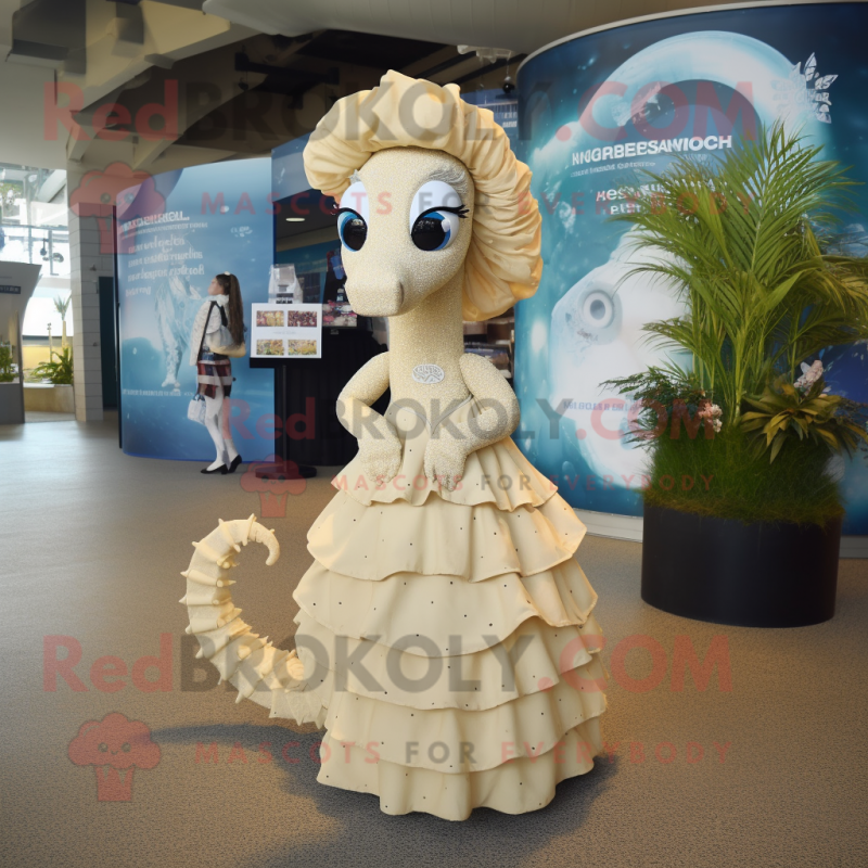 Beige Sea Horse mascot costume character dressed with a Circle Skirt and Earrings