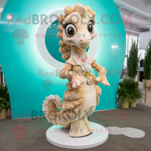 Beige Sea Horse mascot costume character dressed with a Circle Skirt and Earrings