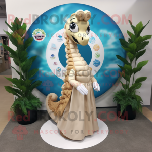 Beige Sea Horse mascot costume character dressed with a Circle Skirt and Earrings