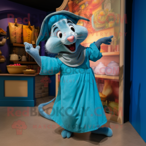 Sky Blue Ratatouille mascot costume character dressed with a Culottes and Shawls