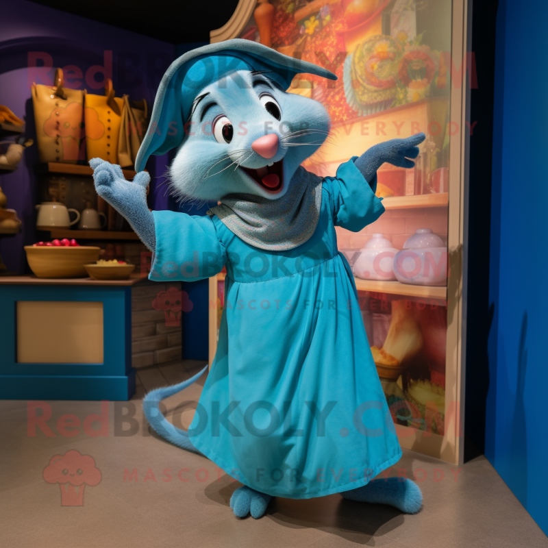 Sky Blue Ratatouille mascot costume character dressed with a Culottes and Shawls Sky Blue Ratatouille mascot costume character dressed with a Culottes and Shawls