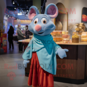Sky Blue Ratatouille mascot costume character dressed with a Culottes and Shawls