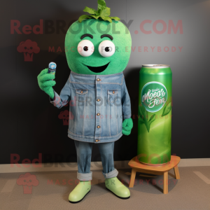 Forest Green Soda Can mascot costume character dressed with a Chambray Shirt and Earrings