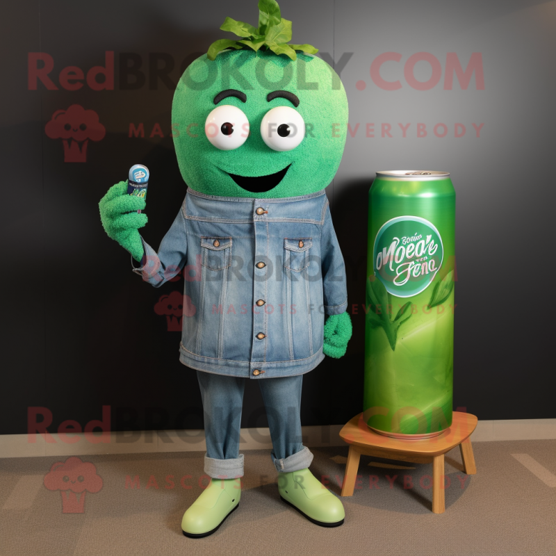 Forest Green Soda Can mascot costume character dressed with a Chambray Shirt and Earrings