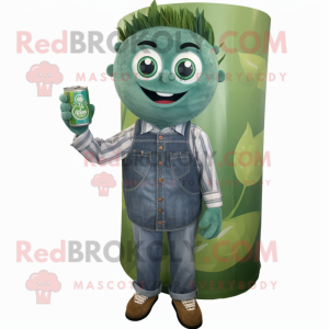 Forest Green Soda Can mascot costume character dressed with a Chambray Shirt and Earrings