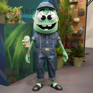 Forest Green Soda Can mascot costume character dressed with a Chambray Shirt and Earrings