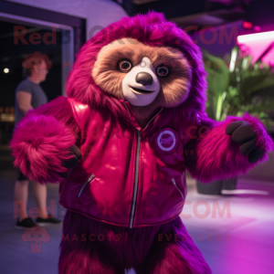 Magenta Giant Sloth mascot costume character dressed with a Leather Jacket and Headbands