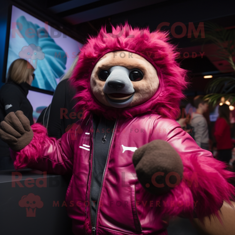 Magenta Giant Sloth mascot costume character dressed with a Leather Jacket and Headbands