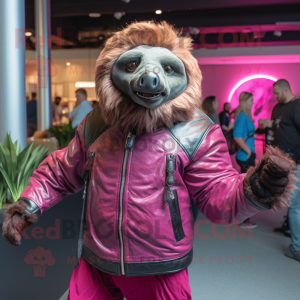 Magenta Giant Sloth mascot costume character dressed with a Leather Jacket and Headbands