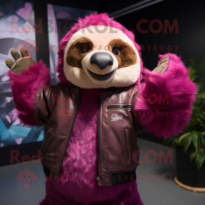 Magenta Giant Sloth mascot costume character dressed with a Leather Jacket and Headbands