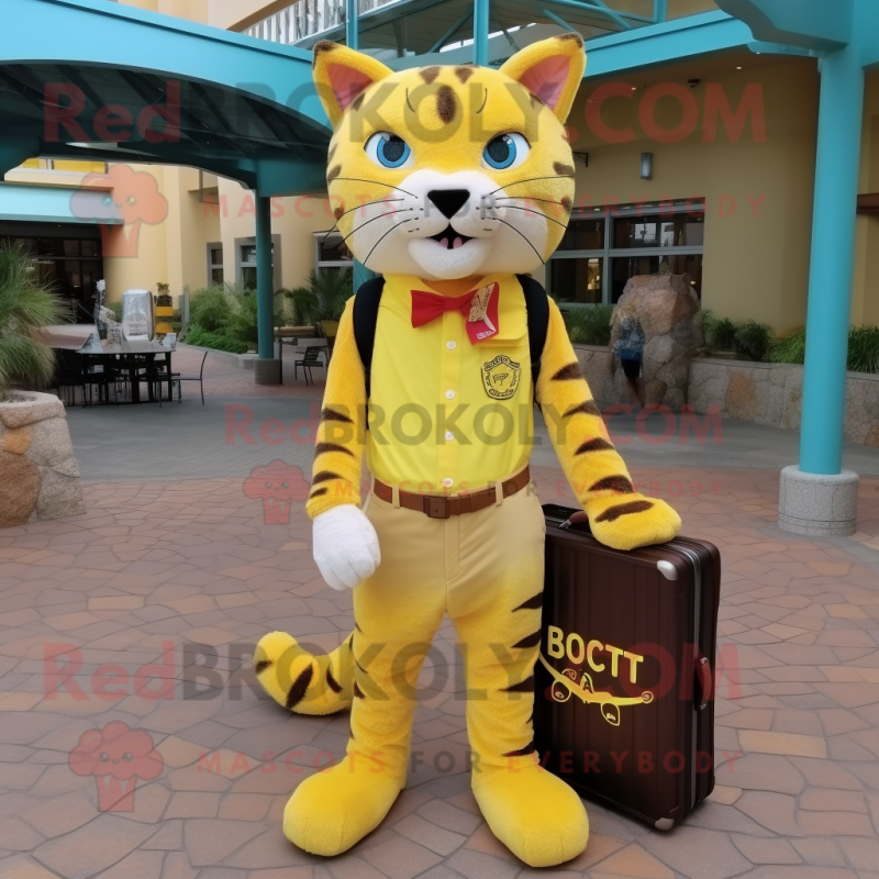 Lemon Yellow Bobcat mascot costume character dressed with a Cargo Shorts and Ties