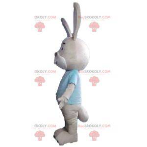Beige og hvit kaninmaskot med blå t-skjorte - Redbrokoly.com