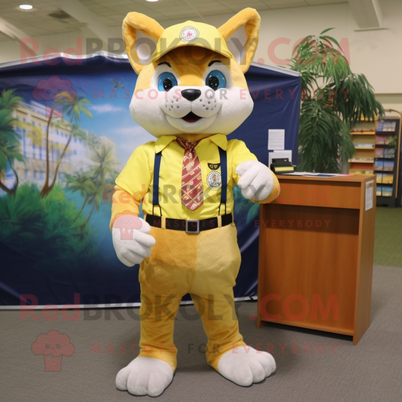 Lemon Yellow Bobcat mascot costume character dressed with a Cargo Shorts and Ties