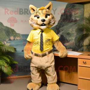 Lemon Yellow Bobcat mascot costume character dressed with a Cargo Shorts and Ties