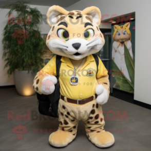 Lemon Yellow Bobcat mascot costume character dressed with a Cargo Shorts and Ties