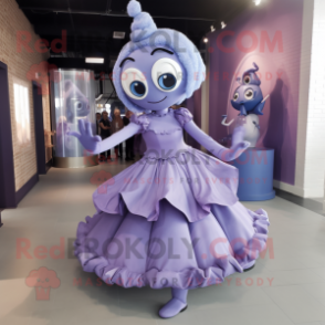 Lavender Contortionist mascot costume character dressed with a A-Line Dress and Cummerbunds