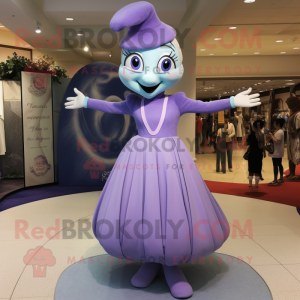 Lavender Contortionist mascot costume character dressed with a A-Line Dress and Cummerbunds