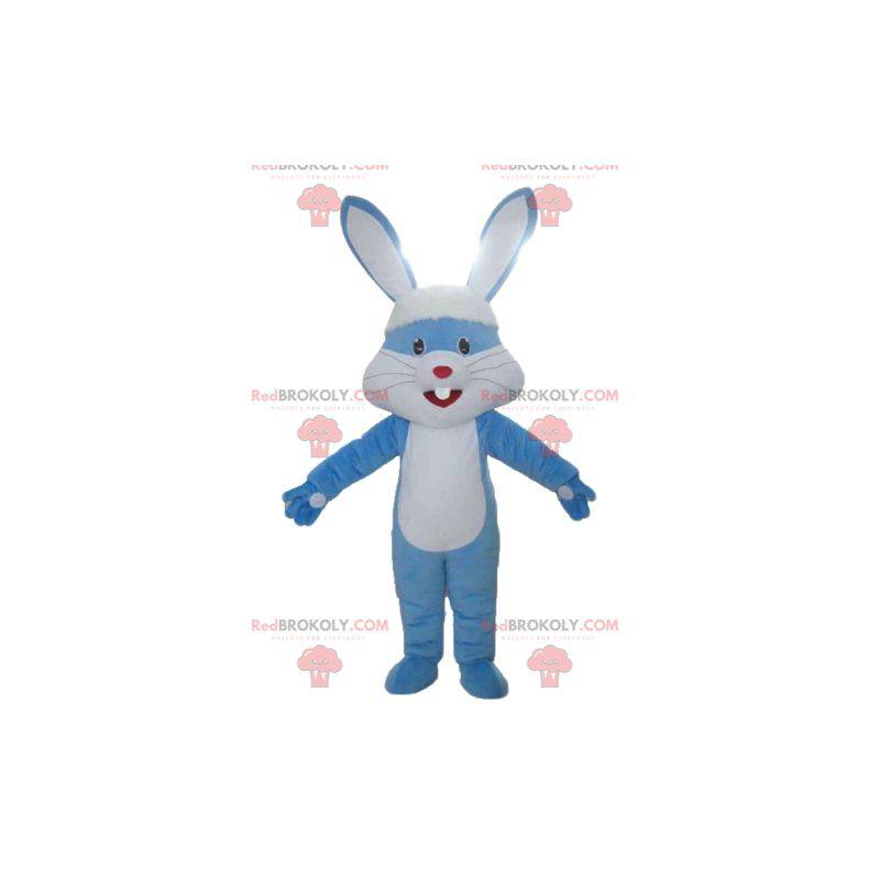 Gigantyczna niebiesko-biała maskotka królik z dużymi uszami -