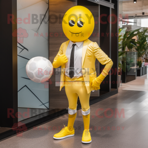 Lemon Yellow Soccer Ball mascot costume character dressed with a Suit Pants and Bracelets