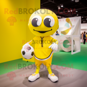 Lemon Yellow Soccer Ball mascot costume character dressed with a Suit Pants and Bracelets
