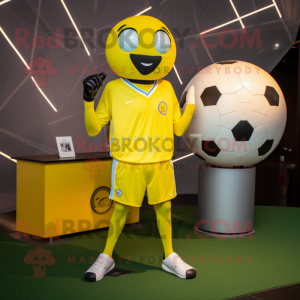 Lemon Yellow Soccer Ball mascot costume character dressed with a Suit Pants and Bracelets