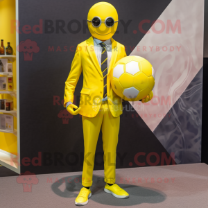 Lemon Yellow Soccer Ball mascot costume character dressed with a Suit Pants and Bracelets