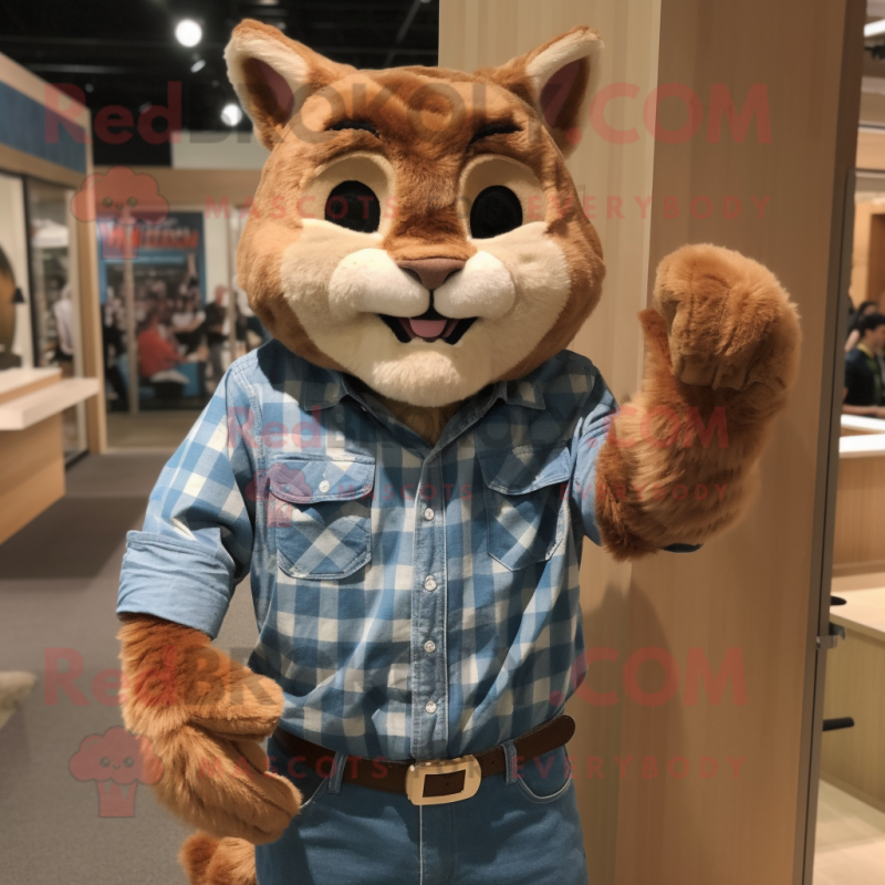Brown Cat mascot costume character dressed with a Chambray Shirt and Wraps Brown Cat mascot costume character dressed with a Chambray Shirt and Wraps
