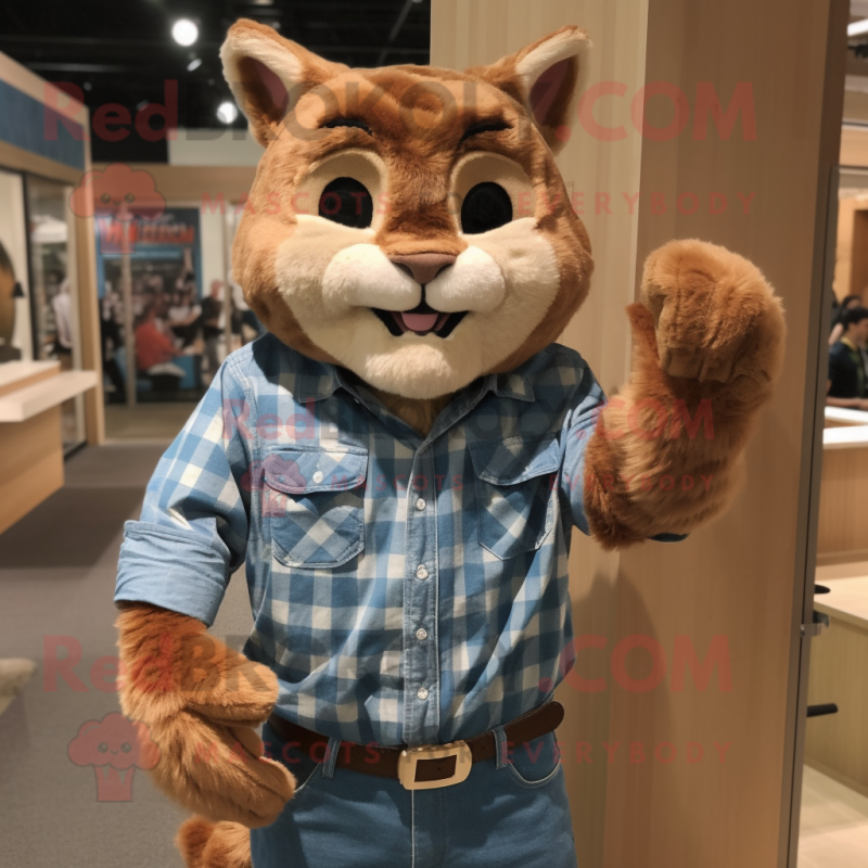 Brown Cat mascot costume character dressed with a Chambray Shirt and Wraps