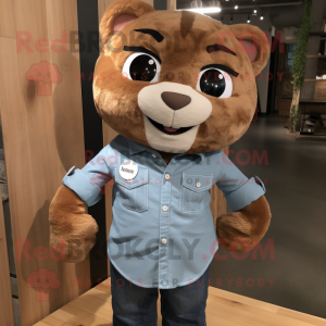 Brown Cat mascot costume character dressed with a Chambray Shirt and Wraps
