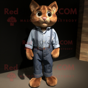 Brown Cat mascot costume character dressed with a Chambray Shirt and Wraps