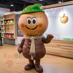 Brown Apple mascot costume character dressed with a Coat and Headbands