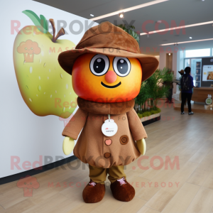 Brown Apple mascot costume character dressed with a Coat and Headbands