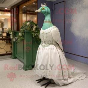 Green Passenger Pigeon mascot costume character dressed with a Wedding Dress and Anklets