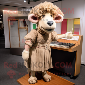 Tan Merino Sheep mascot costume character dressed with a Pencil Skirt and Shoe clips