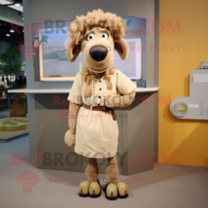 Tan Merino Sheep mascot costume character dressed with a Pencil Skirt and Shoe clips