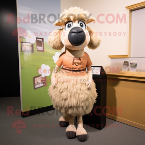 Tan Merino Sheep mascot costume character dressed with a Pencil Skirt and Shoe clips