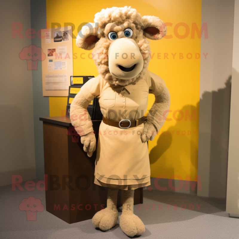 Tan Merino Sheep mascot costume character dressed with a Pencil Skirt and Shoe clips