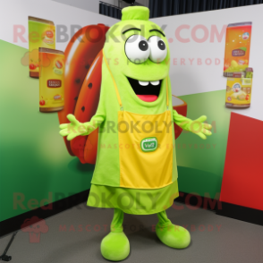 Lime Green Currywurst mascot costume character dressed with a Overalls and Keychains