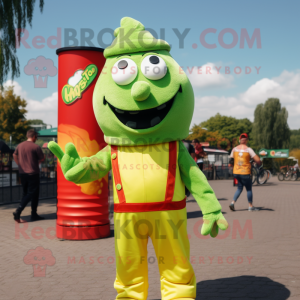 Lime Green Currywurst mascot costume character dressed with a Overalls and Keychains