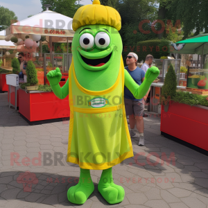 Lime Green Currywurst mascot costume character dressed with a Overalls and Keychains