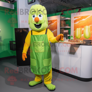 Lime Green Currywurst mascot costume character dressed with a Overalls and Keychains