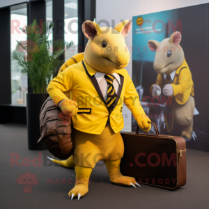 Yellow Armadillo mascot costume character dressed with a Suit Jacket and Briefcases