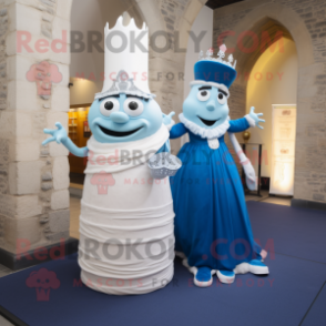 Blue Irish Castle mascot costume character dressed with a Wedding Dress and Cummerbunds