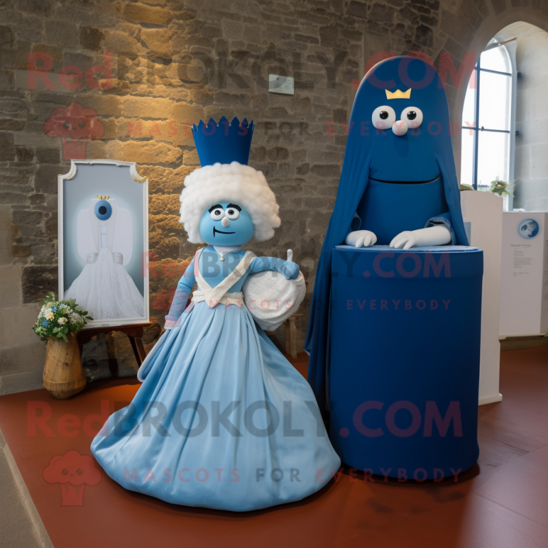 Blue Irish Castle mascot costume character dressed with a Wedding Dress and Cummerbunds