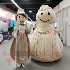 Tan Ice Cream mascot costume character dressed with a Evening Gown and Coin purses