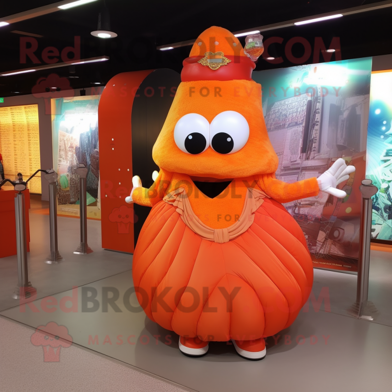 Orange Bracelet mascot costume character dressed with a Evening Gown and Messenger bags