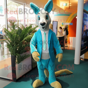 Cyan Kangaroo mascot costume character dressed with a Suit and Hair clips