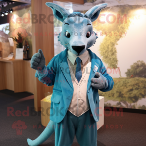 Cyan Kangaroo mascot costume character dressed with a Suit and Hair clips