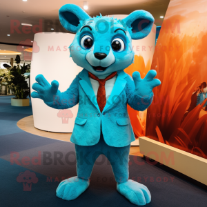 Cyan Kangaroo mascot costume character dressed with a Suit and Hair clips