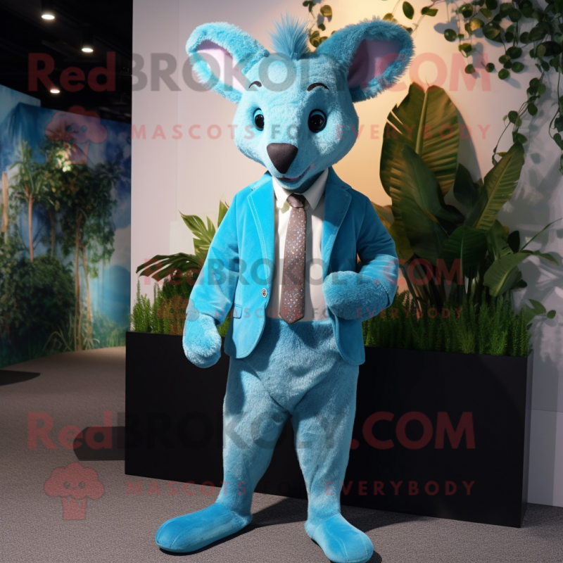 Cyan Kangaroo mascot costume character dressed with a Suit and Hair clips